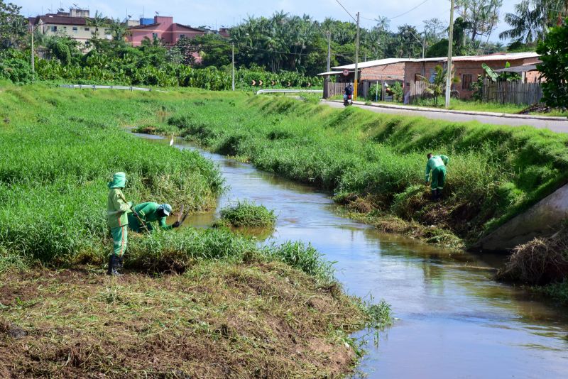 Equipe fazendo limpeza do canal das Toras no Aurá