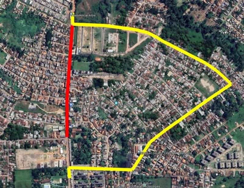 Em amarelo o desvio e em vermelho a área interditada entre as passagens  Bagani e Samaria